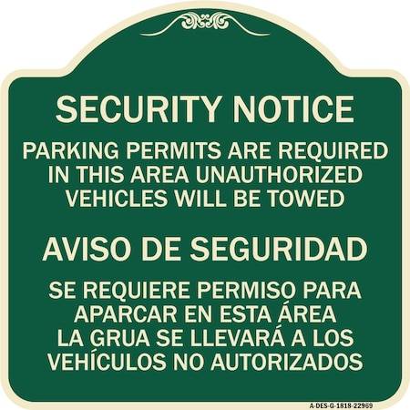 Signmission Parking Permits Are Required in This Area Unauthorized Vehicles Will Be Towed Aviso, G-1818-22969 A-DES-G-1818-22969